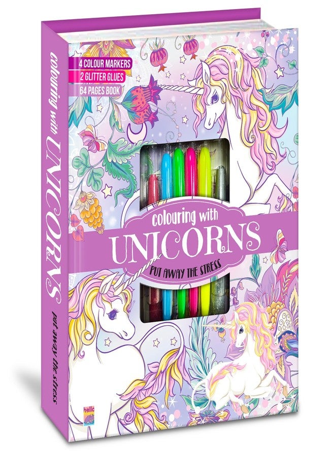 BRIJBASI Hello Friend Unicorns Colouring Combo Kit with 4 Neon Pens & 2 Glitter Tubes + 32 Pages Colouring Pad, 4+ yrs. - Image 1